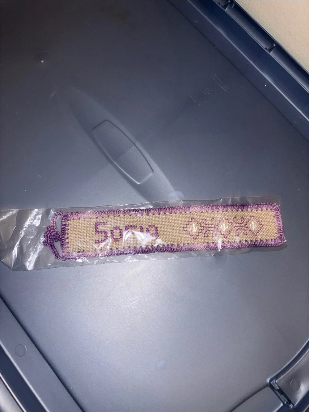 Handmade Embroidered Beige and Purple Bookmark